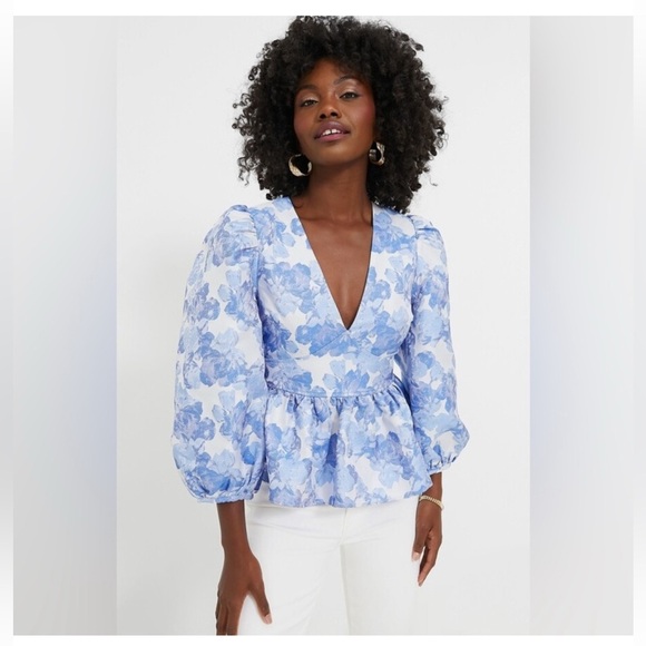 Tuckernuck Eleanor Blouse XXS NWT Blue Jacquard Puff Sleeve Peplum Top Floral